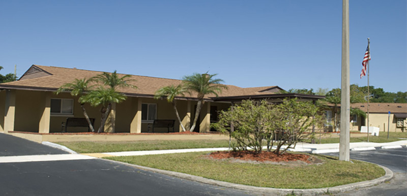 A yellow Meadow Lake Apartments building with palm trees and a flag.